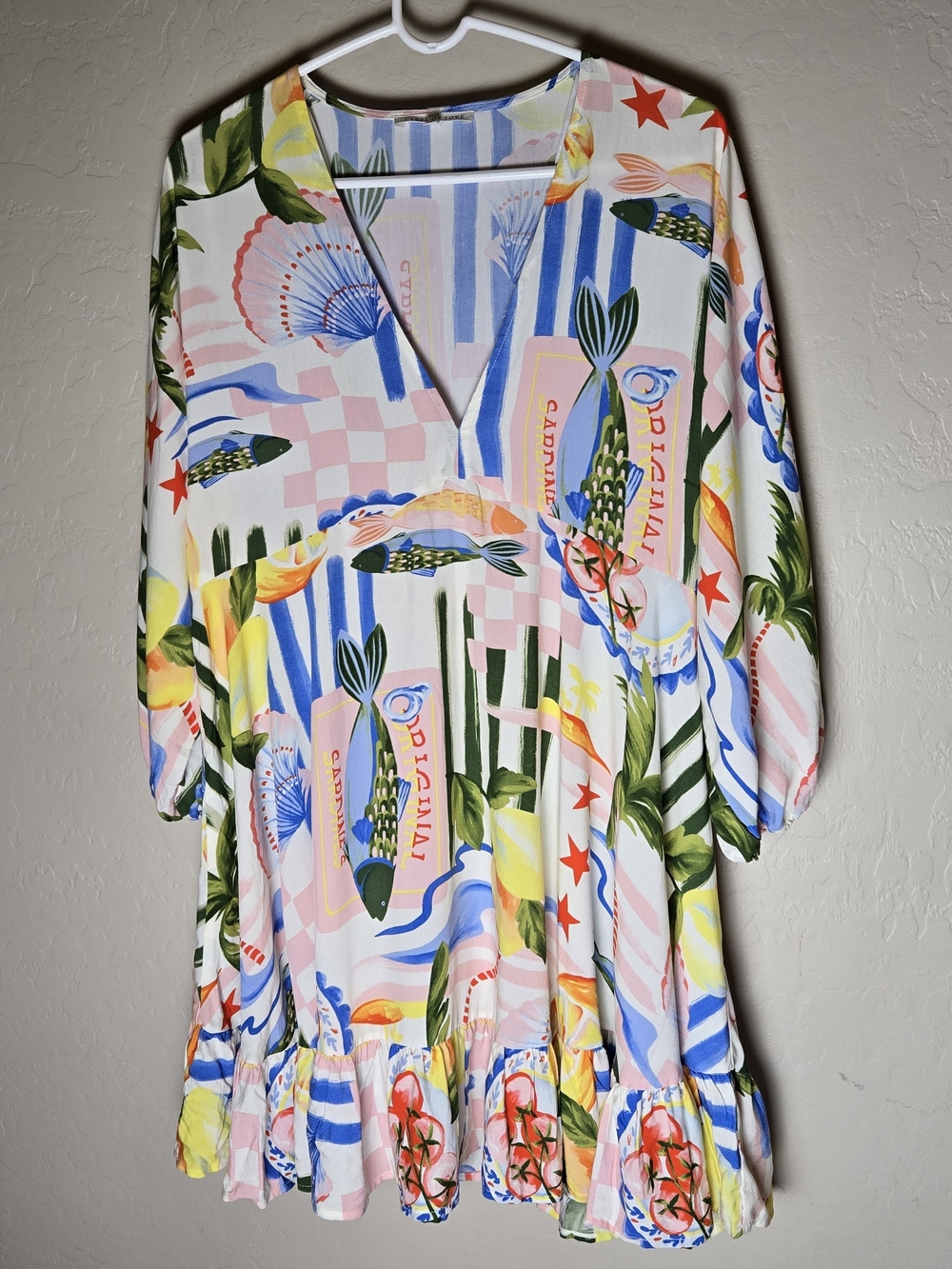 Label of Love Sardine Lemon Patchwork Dress L Dolman Sleeve Nautical Coastal